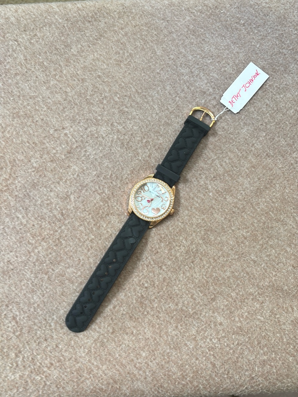 Betsey Johnson Black Quilted Heart-Pattern Watch with Gold Case
